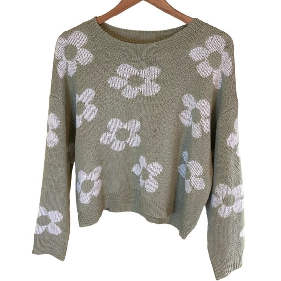 Shein Womens Sweater Medium Green White Floral Y2K Retro - Picture 1 of 8
